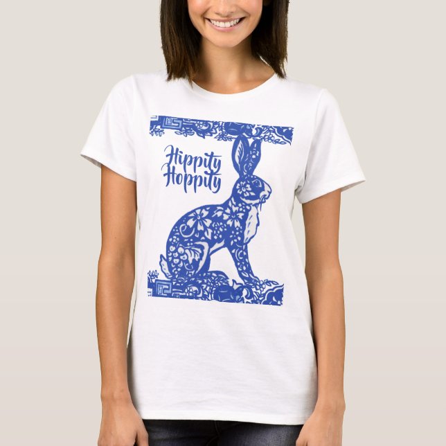Whimsical Blue Willow Bunny Rabbit Vår T Shirt (Framsida)