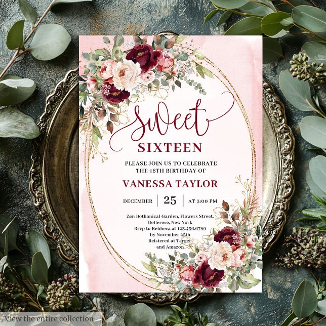 Whimsical Blush Burgundy Roses Sweet Sixteen Card Inbjudningar (Whimsical Blush Burgundy Roses Sweet Sixteen Invite

)