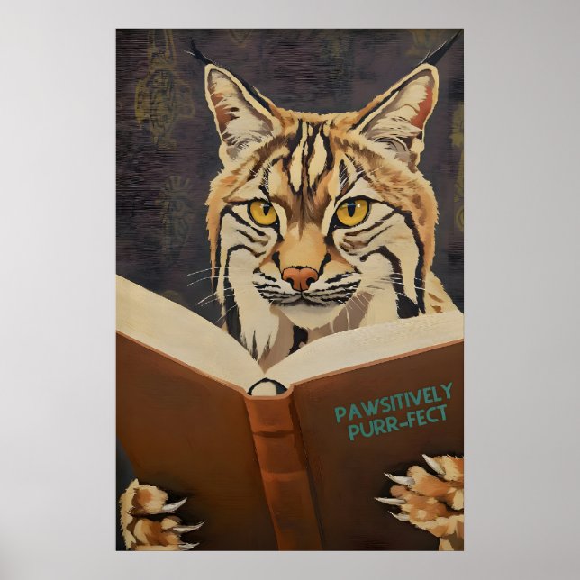 Whimsical Bobcat Läsande Bok Konsttryck - Litterär Poster (Framsidan)