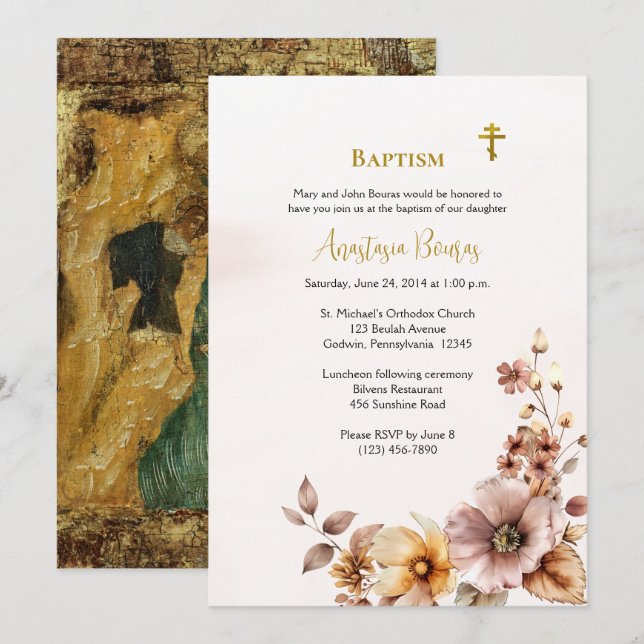 Whimsical Boho blommor Ortodox kristen dop Inbjudningar (Fram/baksida)