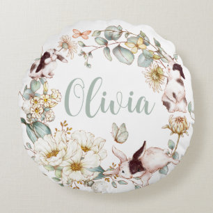 Whimsical Boho Chic Bunny Rabbit Botanical Blommig Rund Kudde