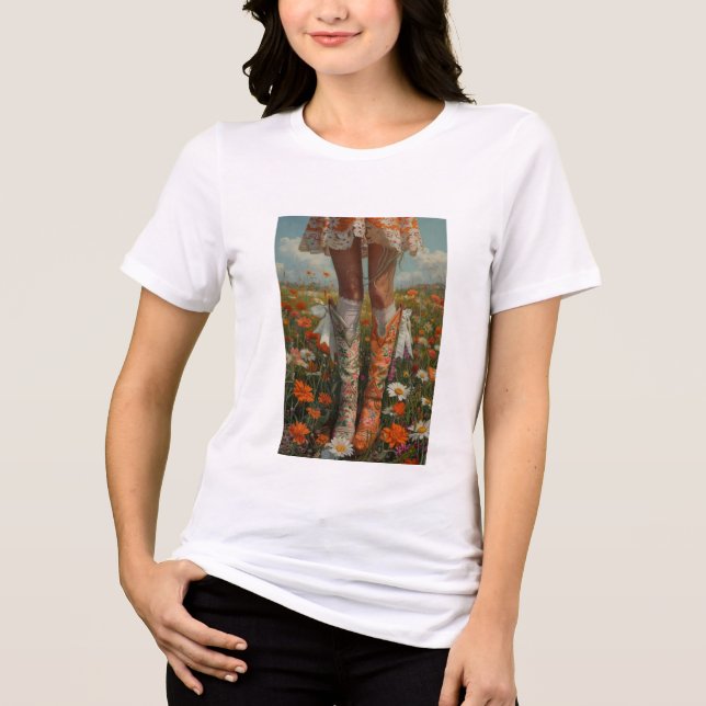 Whimsical Boho Cowgirl Unmatched Orange Boots T Shirt (Framsida)