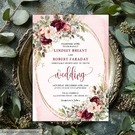 Whimsical Boho Djup Röd Guld Blommig Bröllopsinbju Inbjudningar