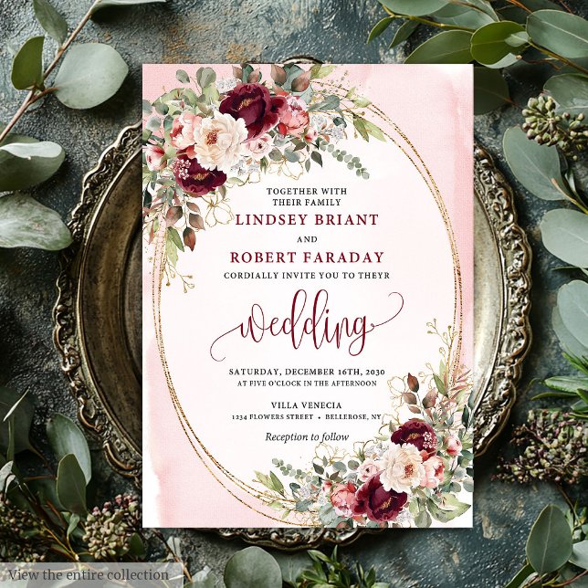 Whimsical Boho Djup Röd Guld Blommig Bröllopsinbju Inbjudningar (Whimsical Boho Deep Red Gold Floral Wedding Invite)