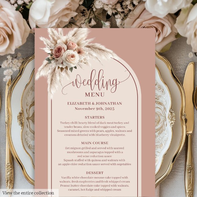 Whimsical Boho Dusty Pink Pampas Floral Wedding  Meny (Whimsical Boho Dusty Pink Pampas Floral Wedding Menu)