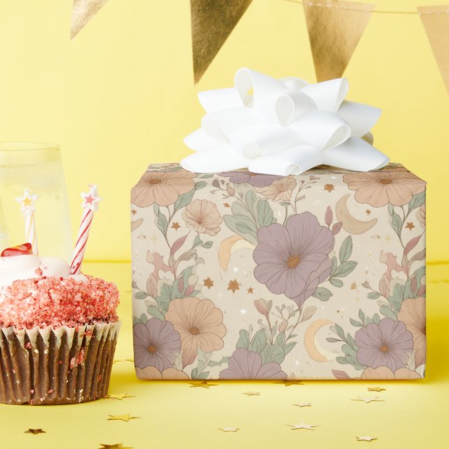 Whimsical Boho Floral & Moon Dreamscape Presentpapper (Födelsedagsfest)