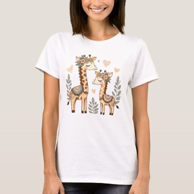 Whimsical Boho Giraffe-familjen med Blommigt T-Shi T Shirt (Framsida)
