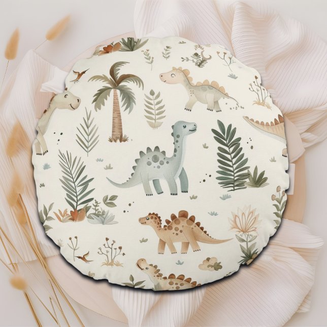 Whimsical Boho Jungle Dinosaur Mönster Rund Kudde (Skapare uppladdad)