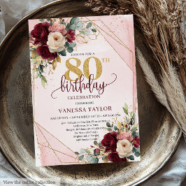 Whimsical Boho Merlot Guld Flowers 80:e födelsedag Inbjudningar