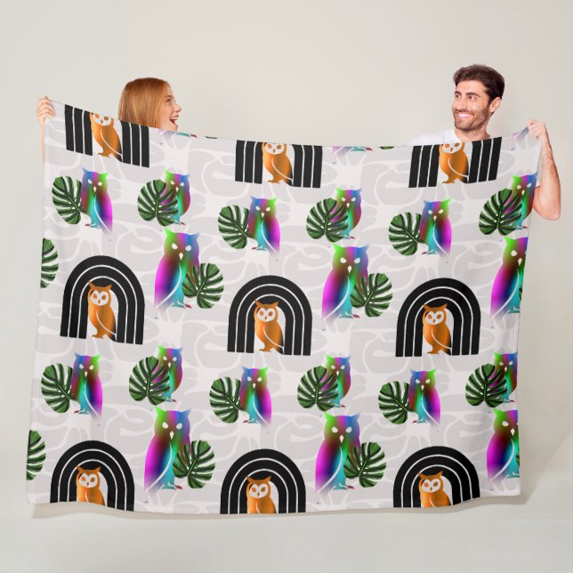 Whimsical Boho Owl & Tropical Monstera Leaf Fleecefilt (På plats)