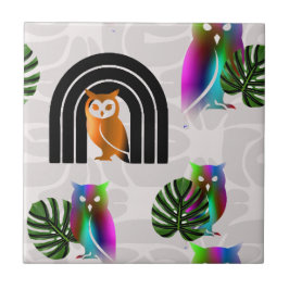 Whimsical Boho Owl & Tropical Monstera Leaf Kakelplatta