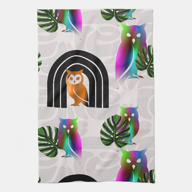 Whimsical Boho Owl & Tropical Monstera Leaf Kökshandduk (Vertikal)