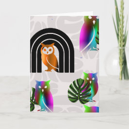 Whimsical Boho Owl & Tropical Monstera Leaf Kort