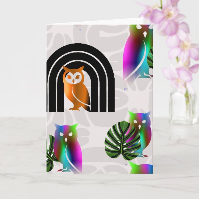 Whimsical Boho Owl & Tropical Monstera Leaf Kort (Orkide)