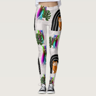 Whimsical Boho Owl & Tropical Monstera Leaf Leggings