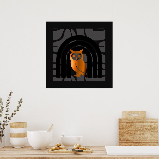 Whimsical Boho Owl & Tropical Monstera Leaf Poster (Kök)