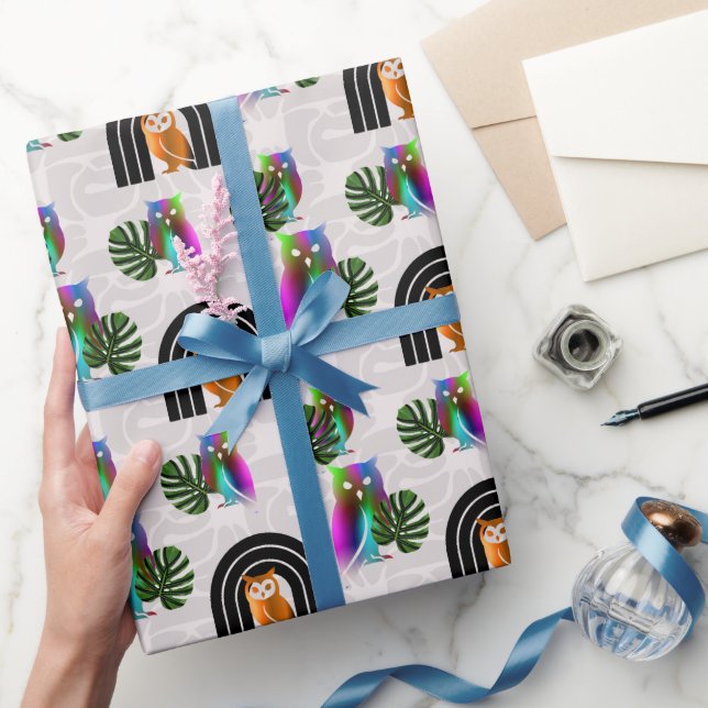 Whimsical Boho Owl & Tropical Monstera Leaf Presentpapper (Gifting)