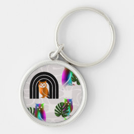 Whimsical Boho Owl & Tropical Monstera Leaf Rund Silverfärgad Nyckelring