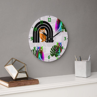 Whimsical Boho Owl & Tropical Monstera Leaf Stor Klocka