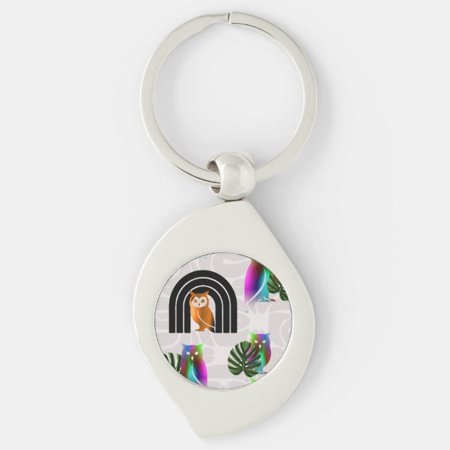 Whimsical Boho Owl & Tropical Monstera Leaf Swirl Silverfärgad Nyckelring (Framsidan)