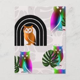 Whimsical Boho Owl & Tropical Monstera Leaf Vykort