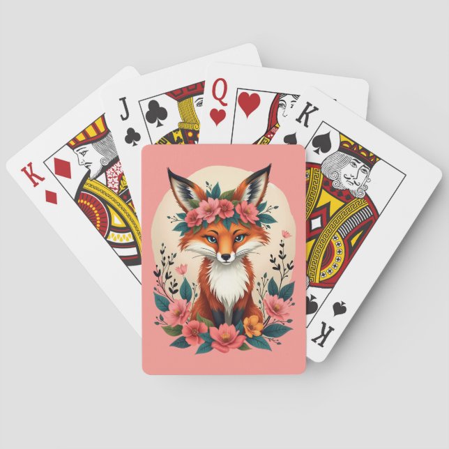 Whimsical Boho Räv med Blommig Krona Skogsmark Casinokort (Baksidan)