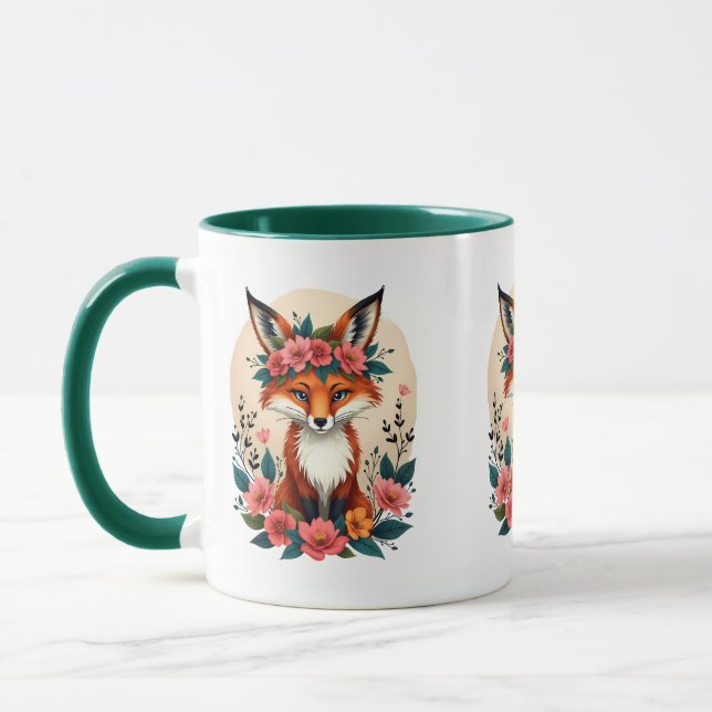 Whimsical Boho Räv med Blommig Krona Skogsmark Mugg (Vänster)