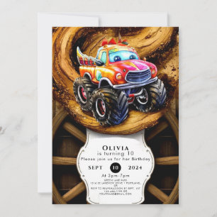 Whimsical Boho Track Monster Lastbil Birthday Inbjudningar