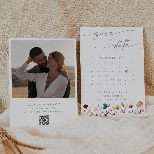 Whimsical Boho Wildflower QR Code Photo Calendar  Spara Datumet (Skapare uppladdad)