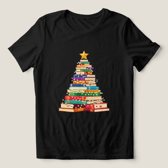 Whimsical Book Stack Christmas Tree Holiday T Shirt (Design Framsida)