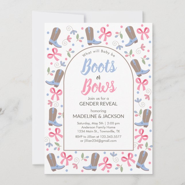 Whimsical Boots Bows Könsbestämmande Inbjudan (Framsida)