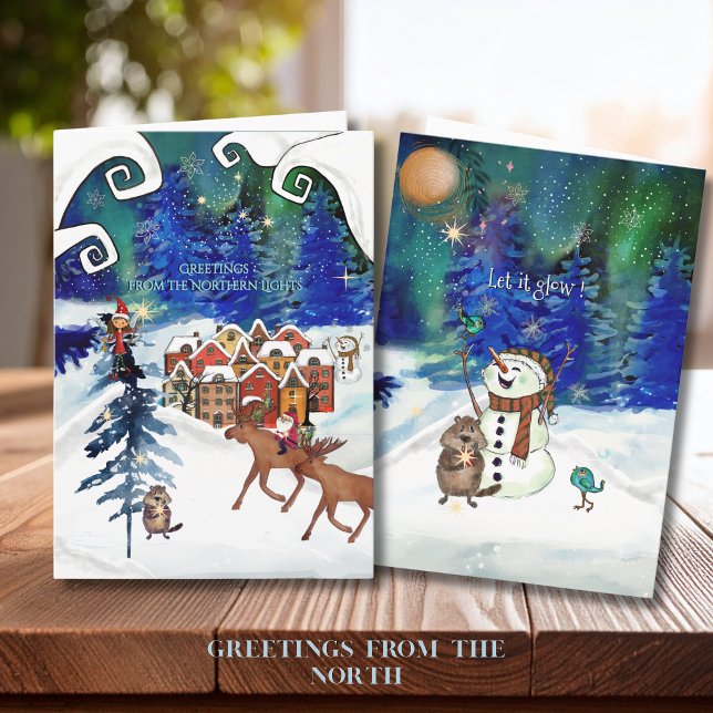 Whimsical Boreal Lights Nordic Village New Year Helgkort (Whimsical Boreal Lights Nordic Village New Year Holiday Card)