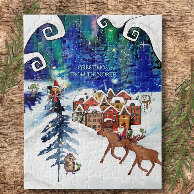 Whimsical Boreal Lights & Winter Village  Pussel (Whimsical Boreal Lights & Winter Village Jigsaw Puzzle)