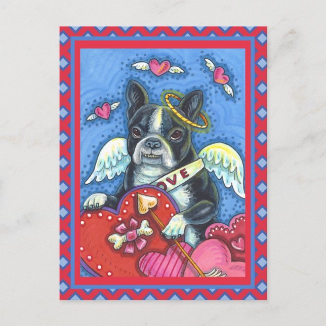 WHIMSICAL BOSTON TERRIER CUPID, CUTE HUND VALENTIN HELG VYKORT (Framsida)