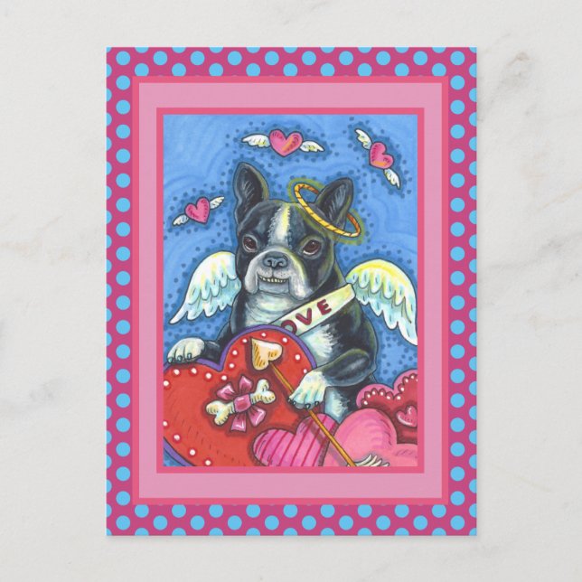 WHIMSICAL BOSTON TERRIER CUPID, CUTE HUND VALENTIN HELG VYKORT (Framsida)