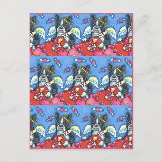 WHIMSICAL BOSTON TERRIER CUPID, CUTE HUND VALENTIN HELG VYKORT (Framsida)