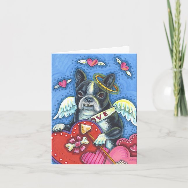 WHIMSICAL BOSTON TERRIER CUPID, CUTE HUND VALENTIN HELGKORT (Framsida)