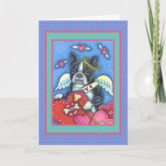 WHIMSICAL BOSTON TERRIER CUPID, CUTE HUND VALENTIN HELGKORT (Framsida)