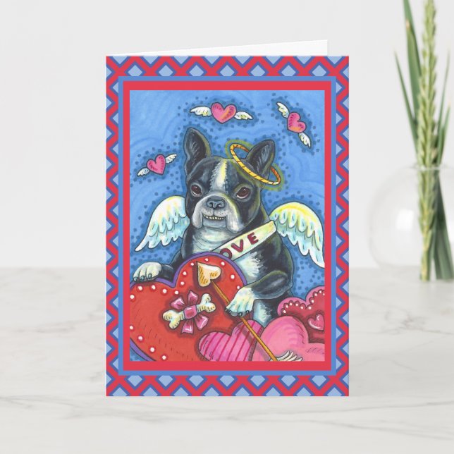 WHIMSICAL BOSTON TERRIER CUPID, CUTE HUND VALENTIN HELGKORT (Framsida)