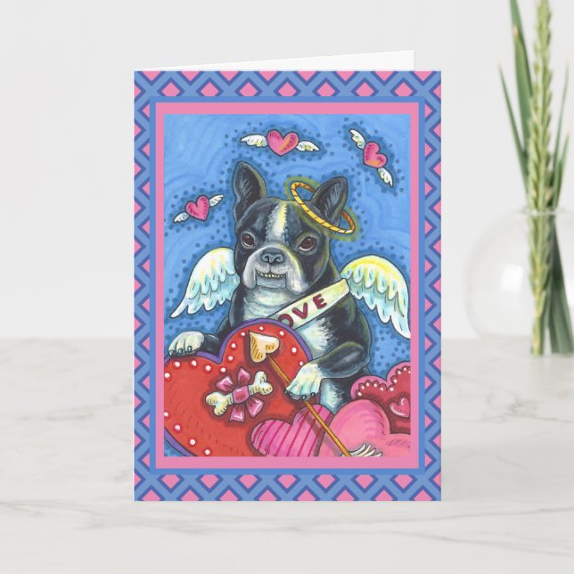 WHIMSICAL BOSTON TERRIER CUPID, CUTE HUND VALENTIN HELGKORT (Framsida)