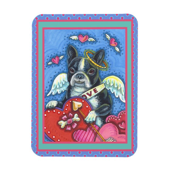 WHIMSICAL BOSTON TERRIER CUPID, CUTE HUND VALENTIN MAGNET (Vertikal)