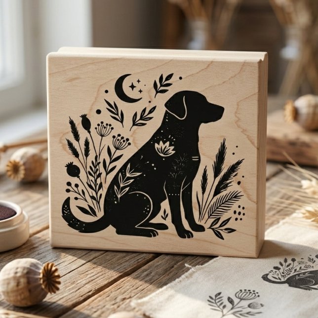 Whimsical Botanisk Valp Äng Måne Stämpel (Black lab botanical art stamp)