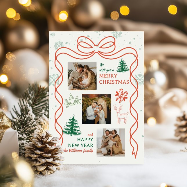Whimsical Bow & Holiday Icons Photo Christmas Card Julkort (Skapare uppladdad)
