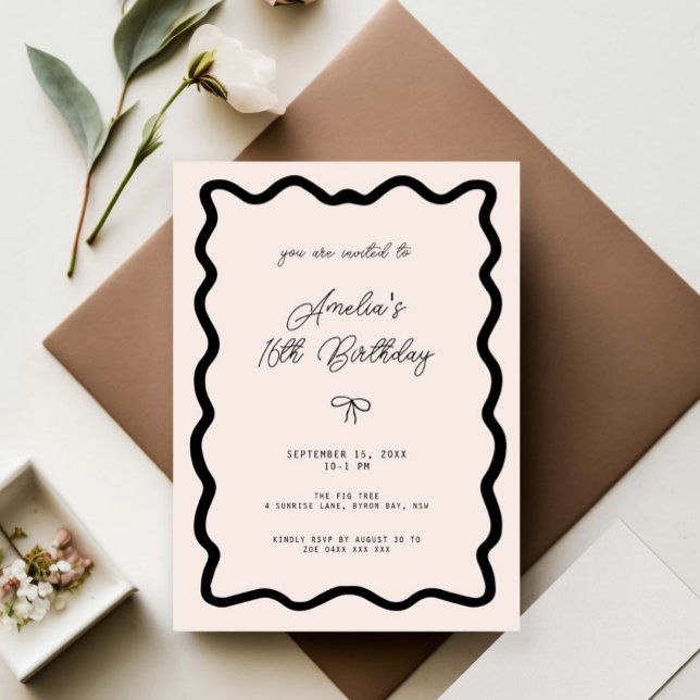 Whimsical Bow kursiv kant 16-årsdag Inbjudningar (Skapare uppladdad)
