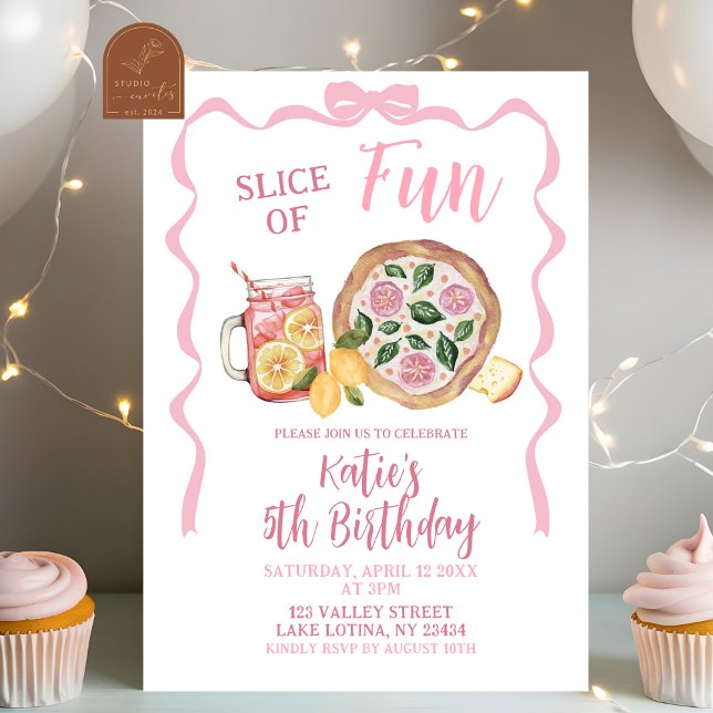 Whimsical Bow Lemonad och Pizza Flickas Födelsedag Inbjudningar (Skapare uppladdad)