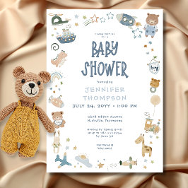 Whimsical Boy Watercolor Doodle Baby Shower Inbjudningar