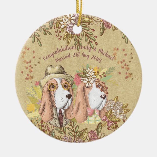 Whimsical Bröllop Gift Basset Hound Bride Groom Julgransprydnad Keramik (Framsidan)
