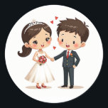 Whimsical Bröllop par Sticker Runt Klistermärke<br><div class="desc">Tecknaden illustrerar en brud och groom som håller händer med hjärtan flytande omkring sig,  perfekt för bröllop firande och par.</div>