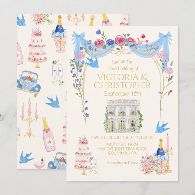 Whimsical Bröllops- Fransk Chateau Herrgård Inbjudningar (Fram/baksida)