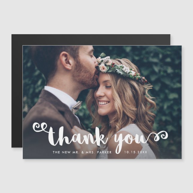 Whimsical Bröllopsfoto | Vitt Script Tack Magnetisk Inbjudningskort (Fram/baksida)